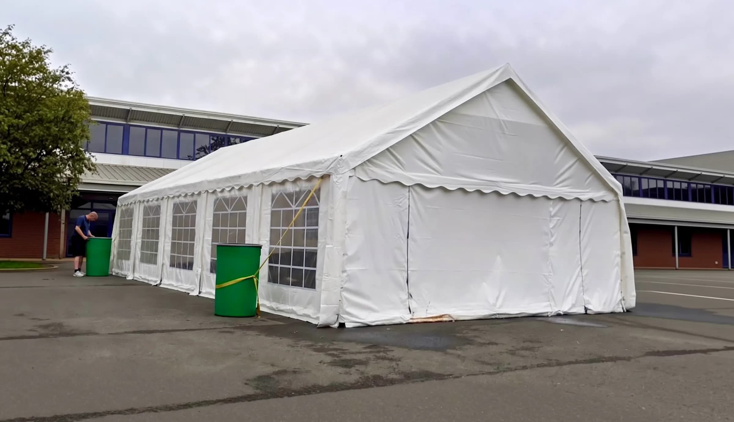 Illustrative lightweight marquee used for a temporary pool set-up on a school site